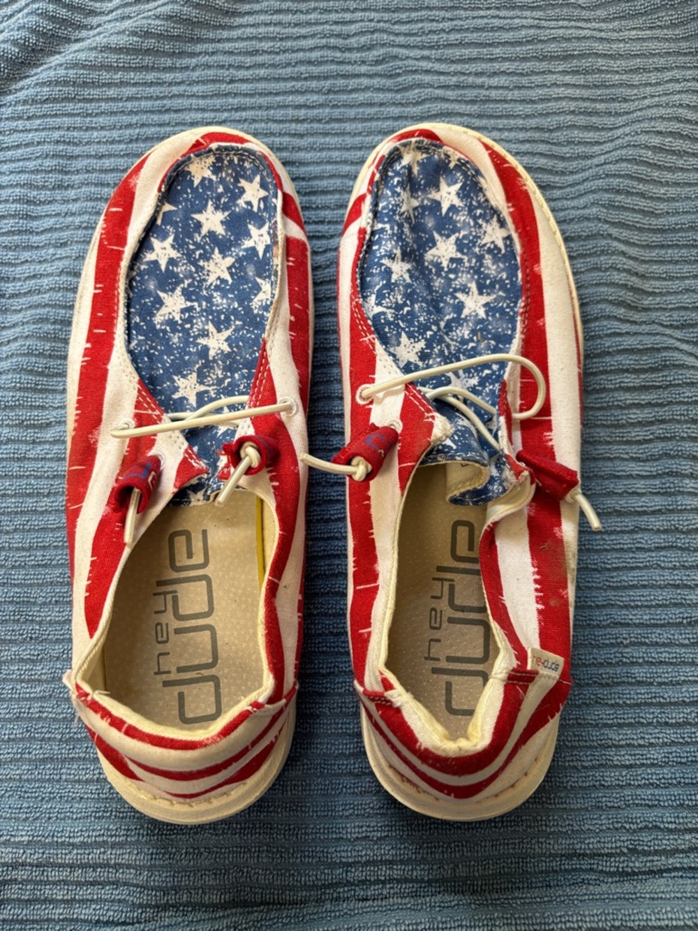 Hey Dude Women’s size 7 Slip-On Sneakers‎ in Red, White & Blue Star Strip